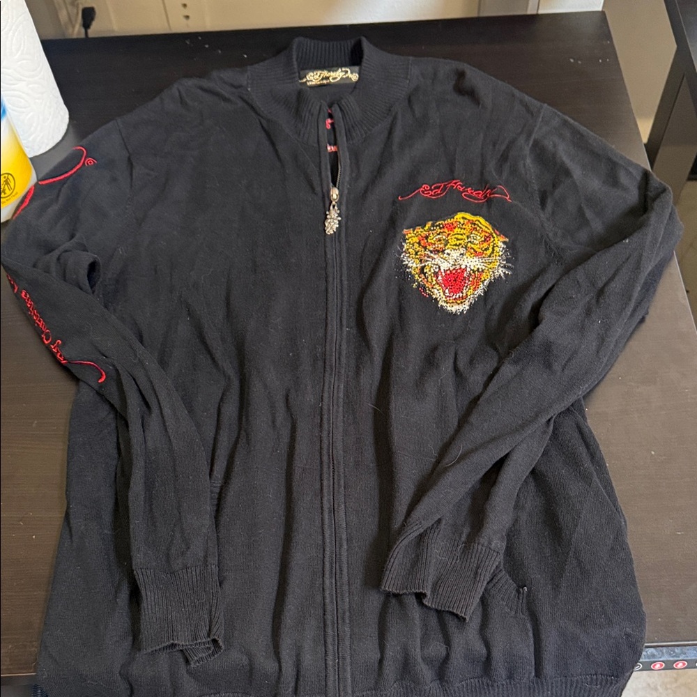 Ed Hardy Black Zip-Up Sweater with Tiger Design